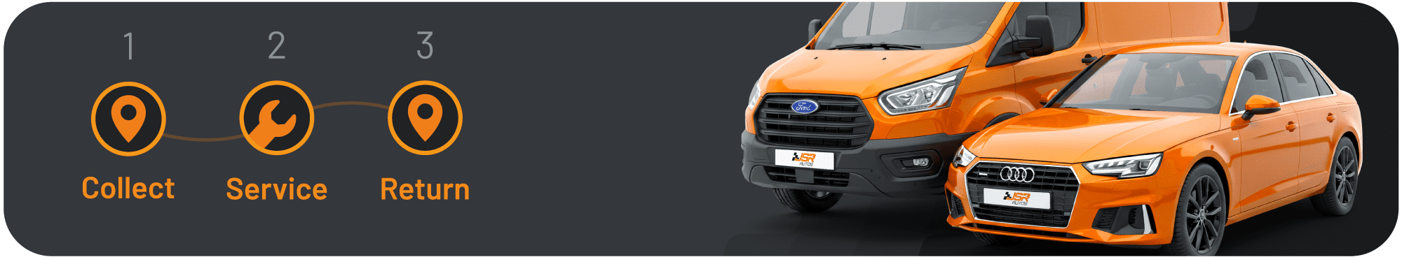 Three icons on the left illustrating Collect-Service-Return. On the right is an orange van next to an orange saloon car. The background is dark grey. JSR Autos provides mobile garage services in Birmingham with our Collect Service Return model.